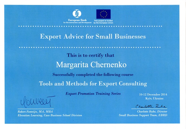 Margarita Chernenko, Export Advice for Small Businesses Certificate, Course: Tools and Methods for Export Consulting